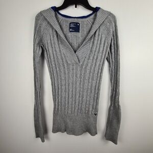 Y2K American Eagle Hooded Sweater Women Medium Gray Cable Knit V-Neck Fitted